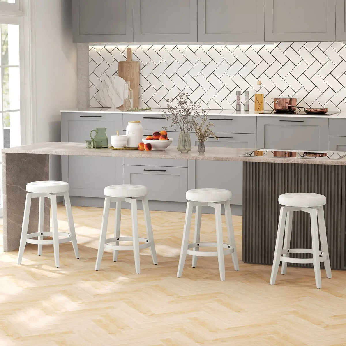 360-Degree Swivel Upholstered Rubberwood Frame Bar Stool Set of 2 with Footrest, photo 6 of 9