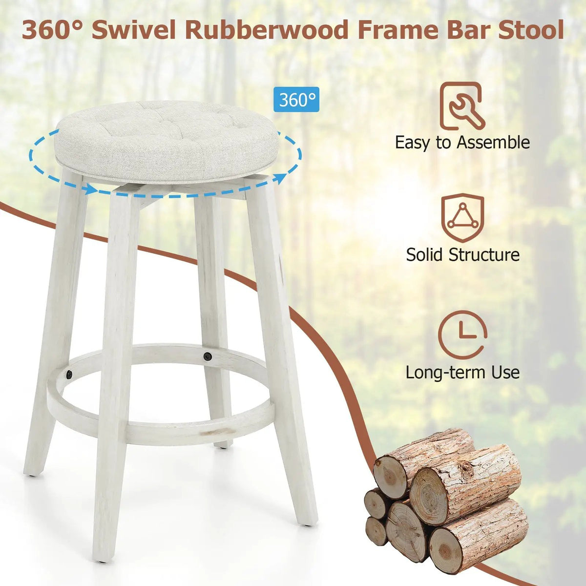 360-Degree Swivel Upholstered Rubberwood Frame Bar Stool Set of 2 with Footrest, photo 7 of 9