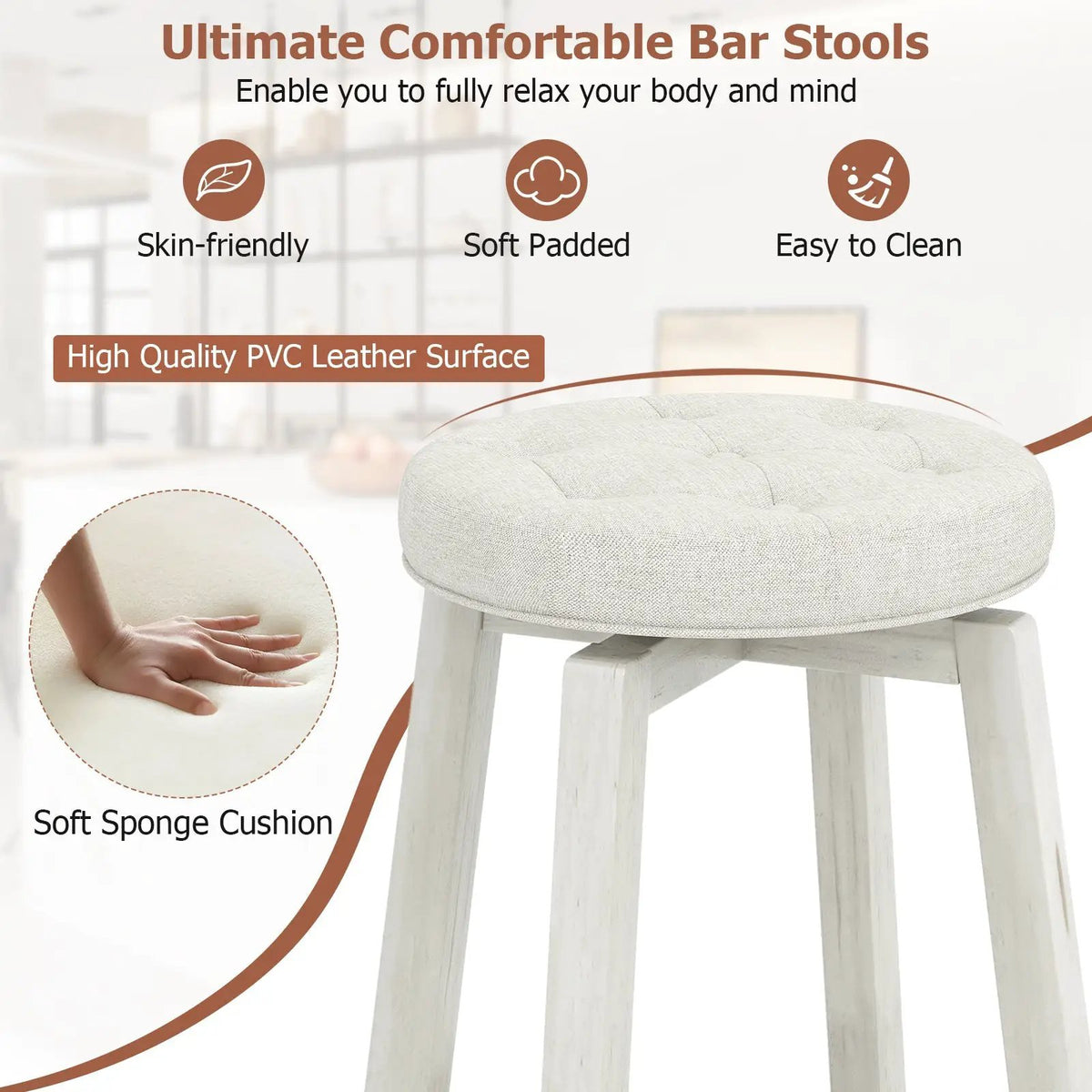 360-Degree Swivel Upholstered Rubberwood Frame Bar Stool Set of 2 with Footrest, photo 8 of 9