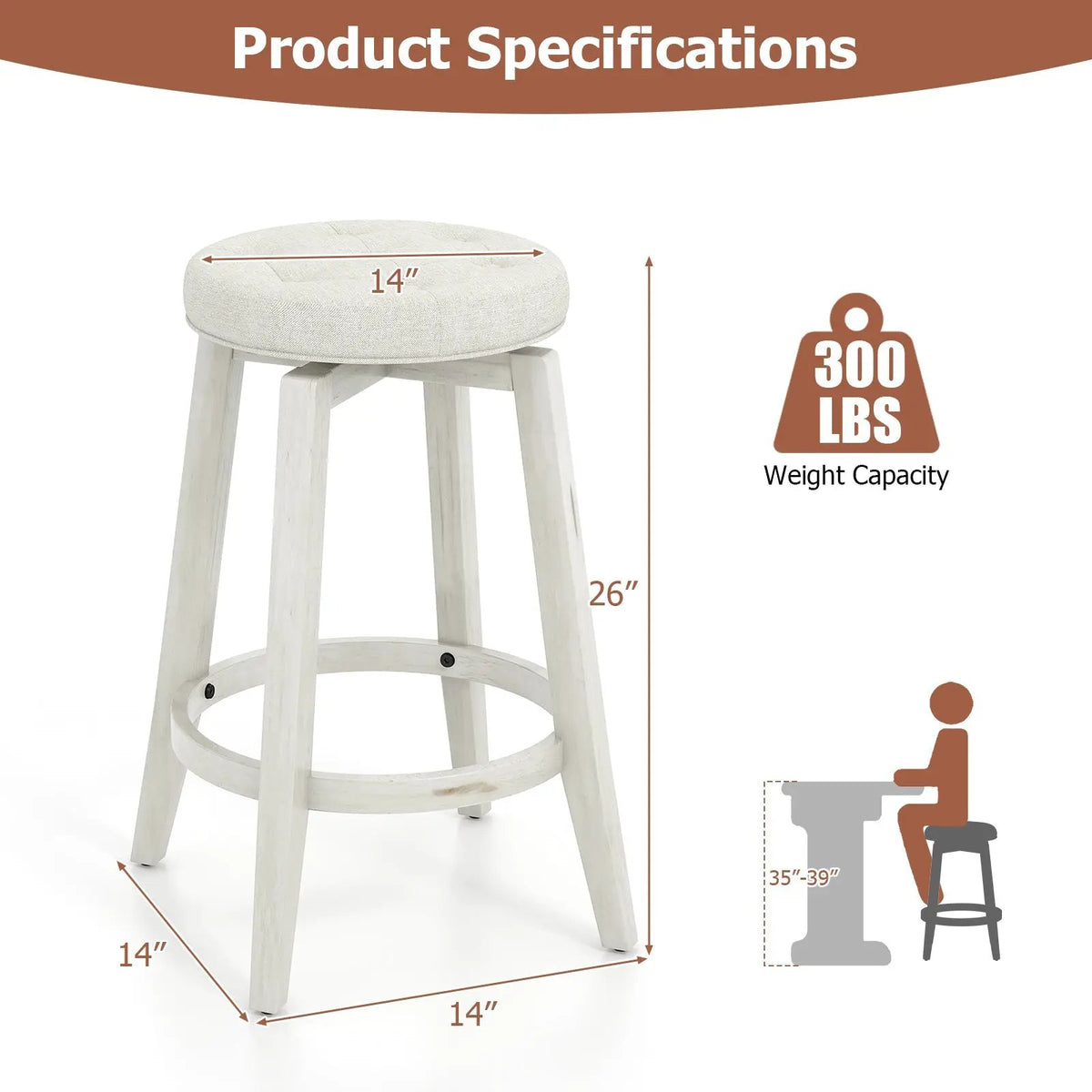 360-Degree Swivel Upholstered Rubberwood Frame Bar Stool Set of 2 with Footrest, photo 5 of 9