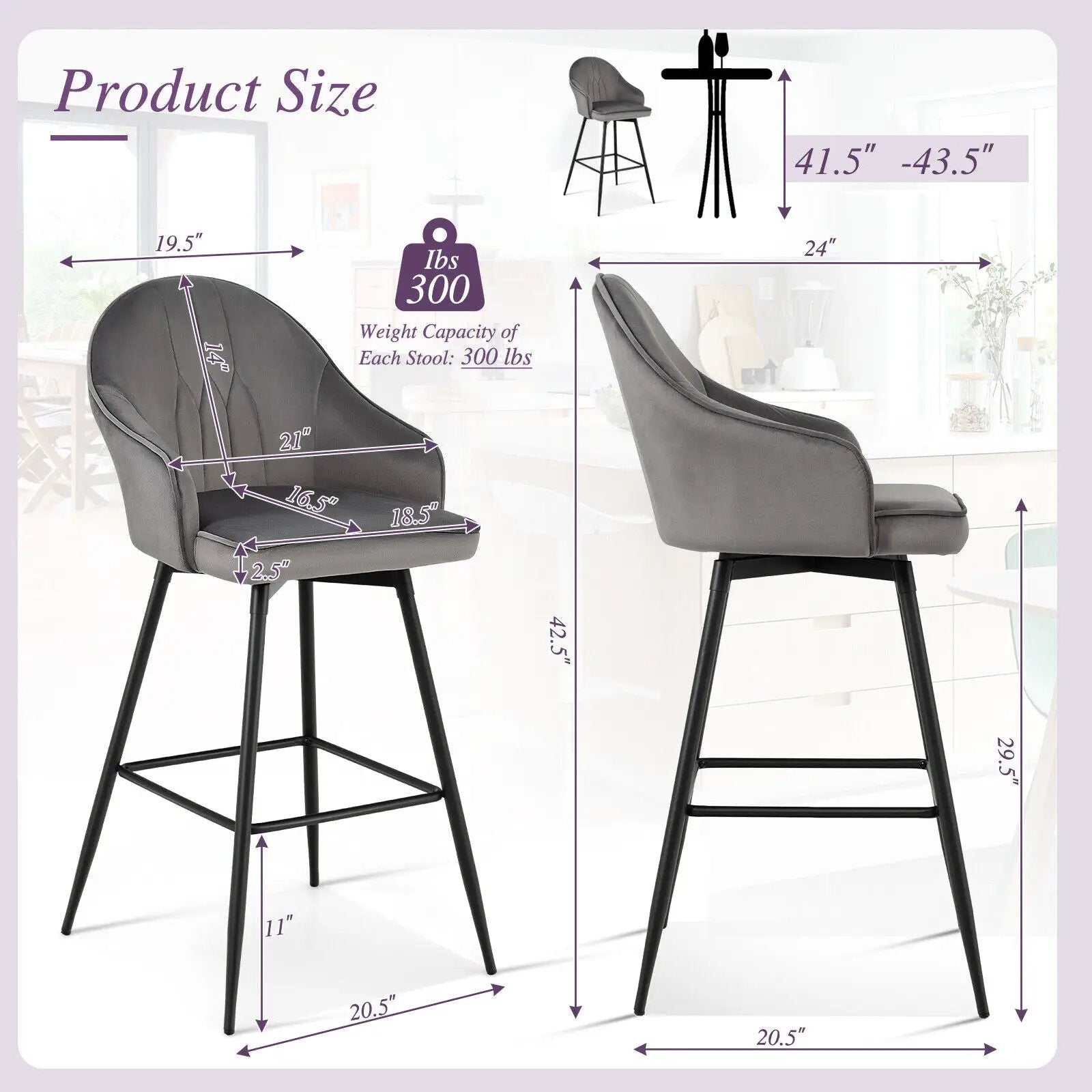 2 Pieces 29.5 Inch Pub Height Swivel Velvet Bar Stools with Metal Legs-Gray by DirectDeals