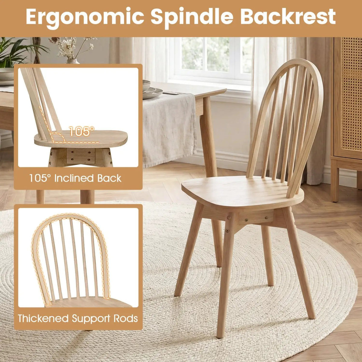 Swivel Windsor Dining Chairs Set of 4 with Solid Rubber Wood Frame, photo 12 of 16