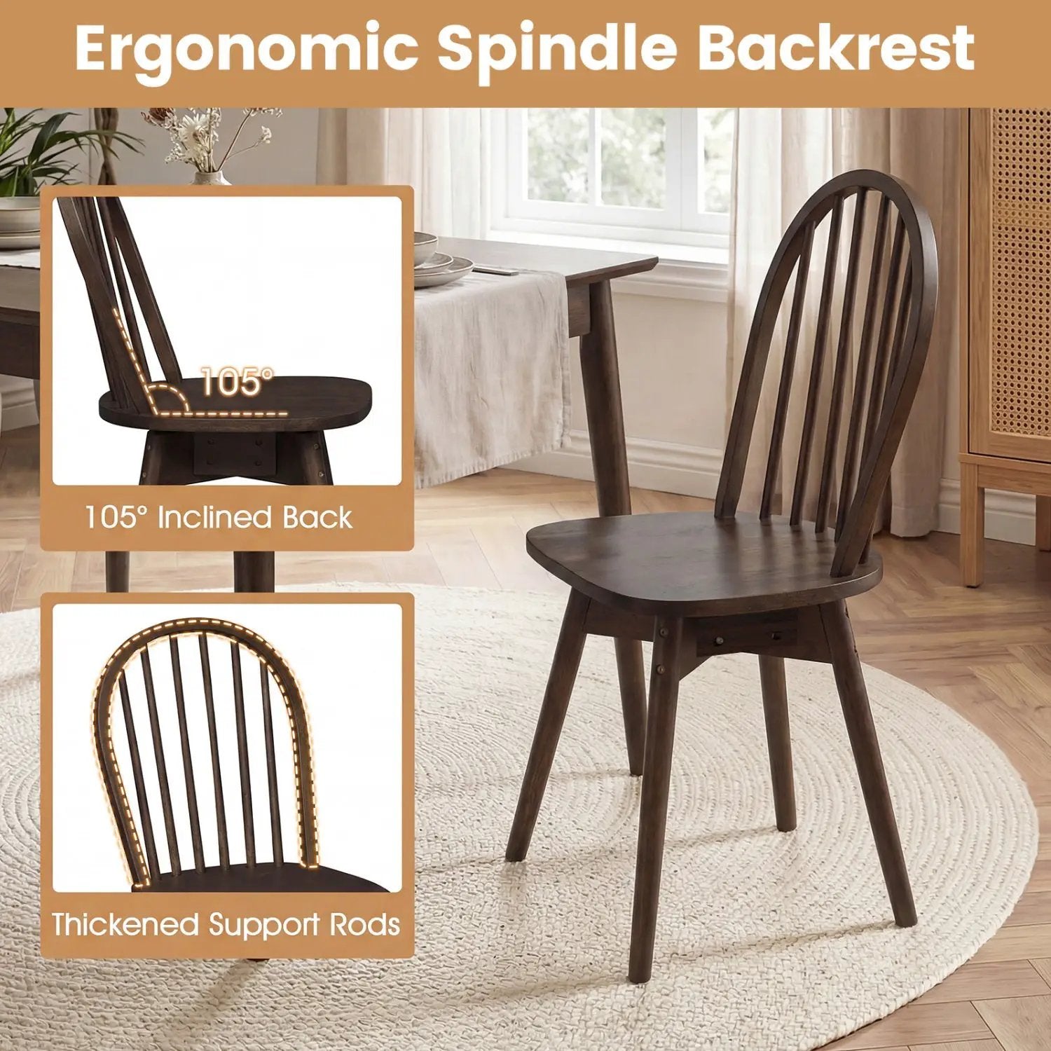 Swivel Windsor Dining Chairs Set of 4 with Solid Rubber Wood Frame by DirectDeals