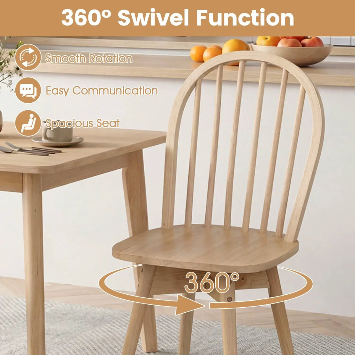 Swivel Windsor Dining Chairs Set of 2 with Solid Rubber Wood Frame, photo 15 of 16