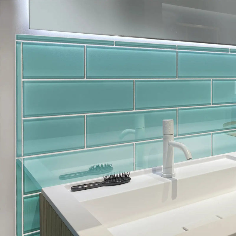 Sky Blue 4x16 Glossy Subway Glass Tile (12 pack, 5.33 sq ft/case) by Apollo Tile
