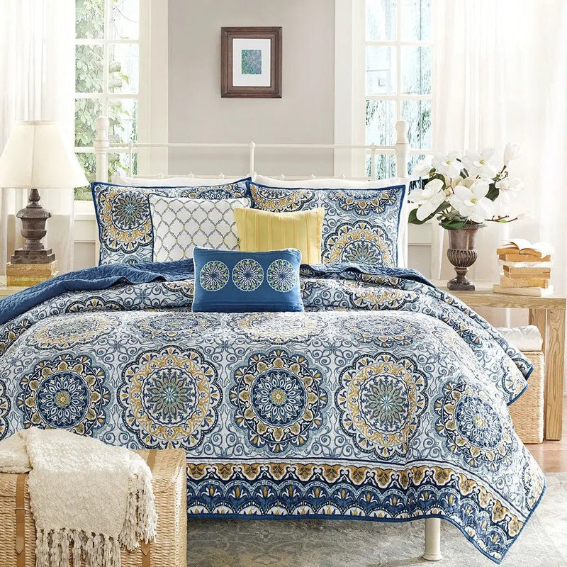 Queen size 6-Piece Coverlet Quilt Set in Blue Floral Pattern by HomePacific