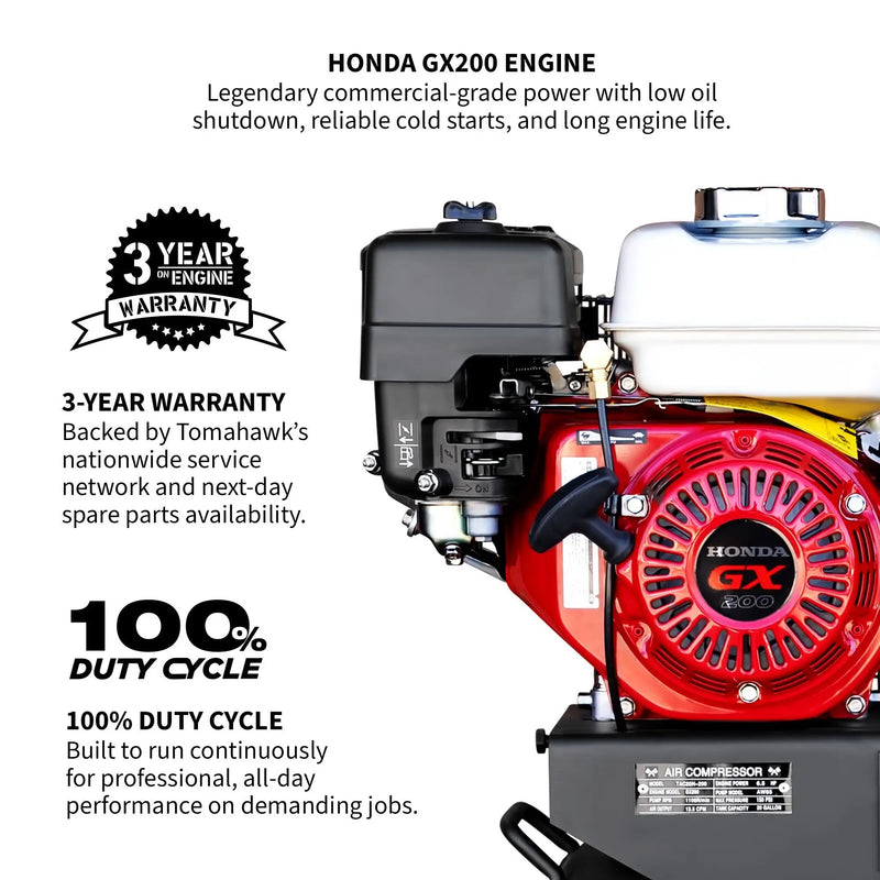 20 Gallon Portable Air Compressor 6.5HP Honda GX200 Engine Horizontal Tank 13.5 CFM @ 90 PSI Gas-Powered by Tomahawk Power