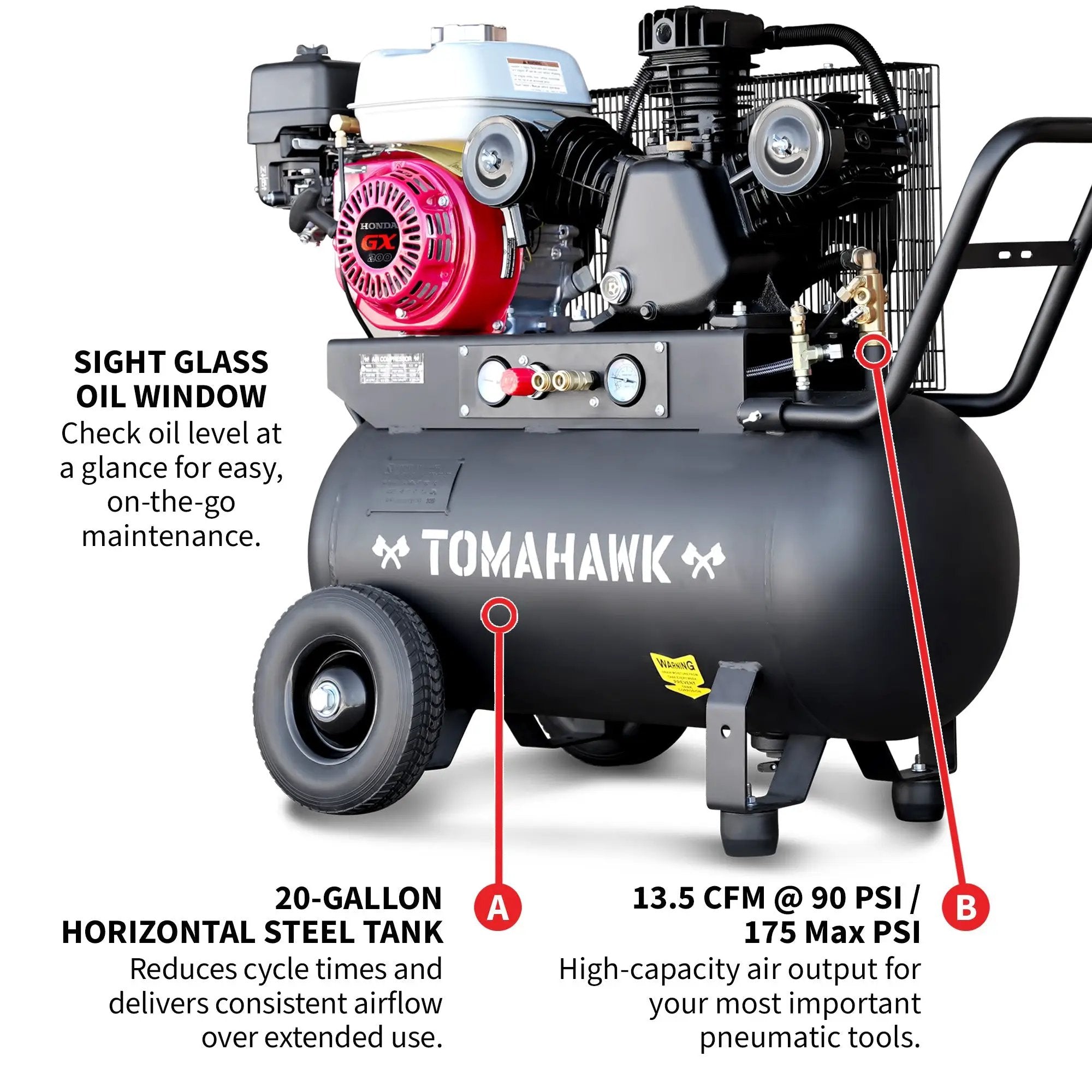 20 Gallon Portable Air Compressor 6.5HP Honda GX200 Engine Horizontal Tank 13.5 CFM @ 90 PSI Gas-Powered by Tomahawk Power
