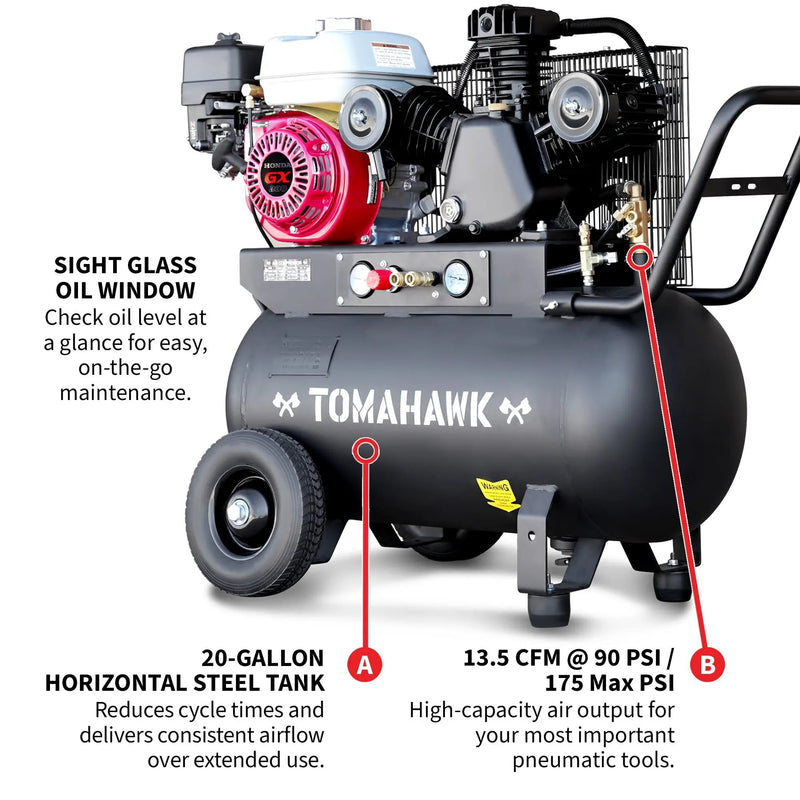 20 Gallon Portable Air Compressor 6.5HP Honda GX200 Engine Horizontal Tank 13.5 CFM @ 90 PSI Gas-Powered by Tomahawk Power