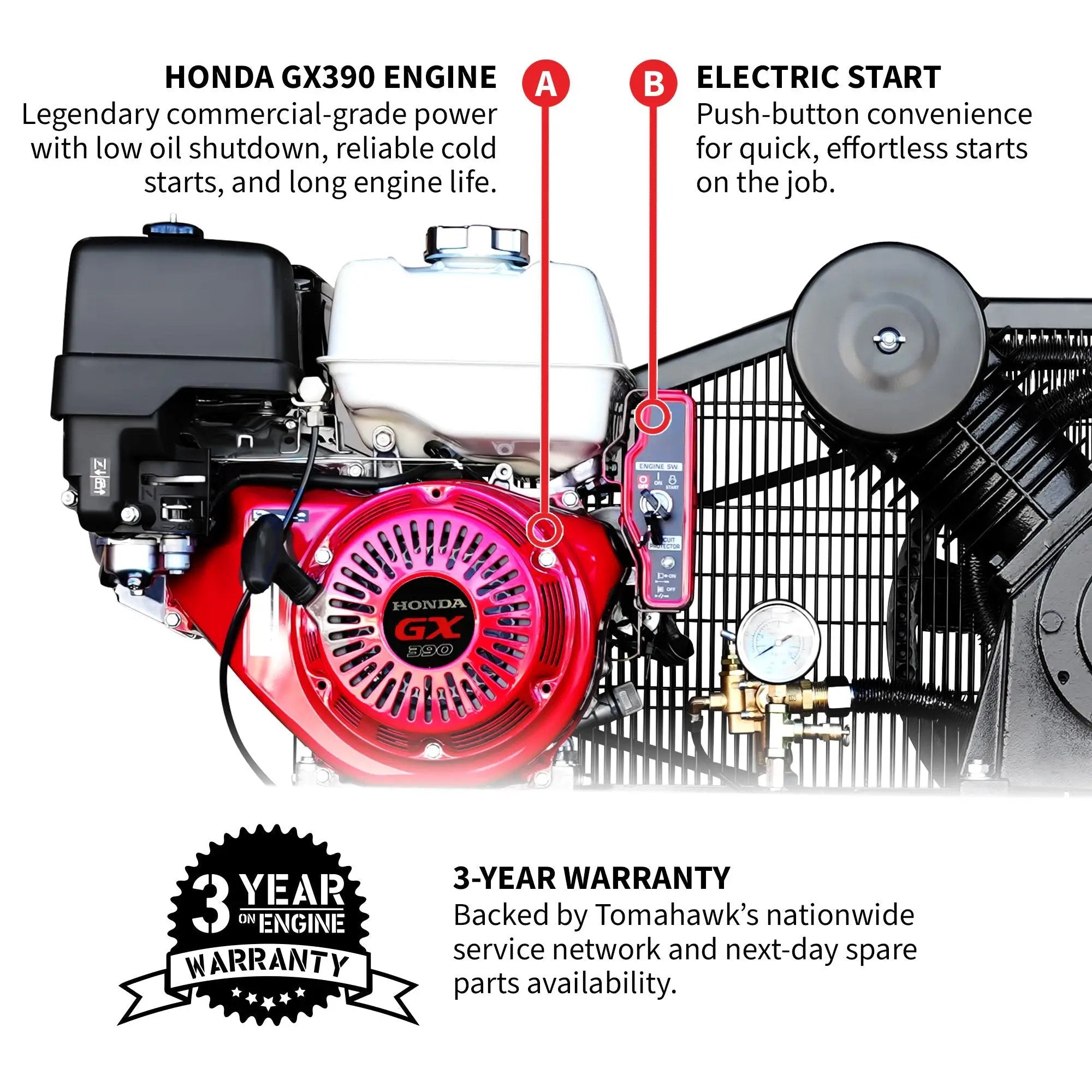 30 Gallon Air Compressor 13HP Honda GX390 Engine Horizontal Tank 24.4 CFM @ 90 PSI Gas-Powered by Tomahawk Power