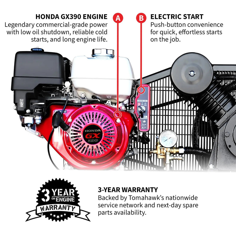 30 Gallon Air Compressor 13HP Honda GX390 Engine Horizontal Tank 24.4 CFM @ 90 PSI Gas-Powered by Tomahawk Power