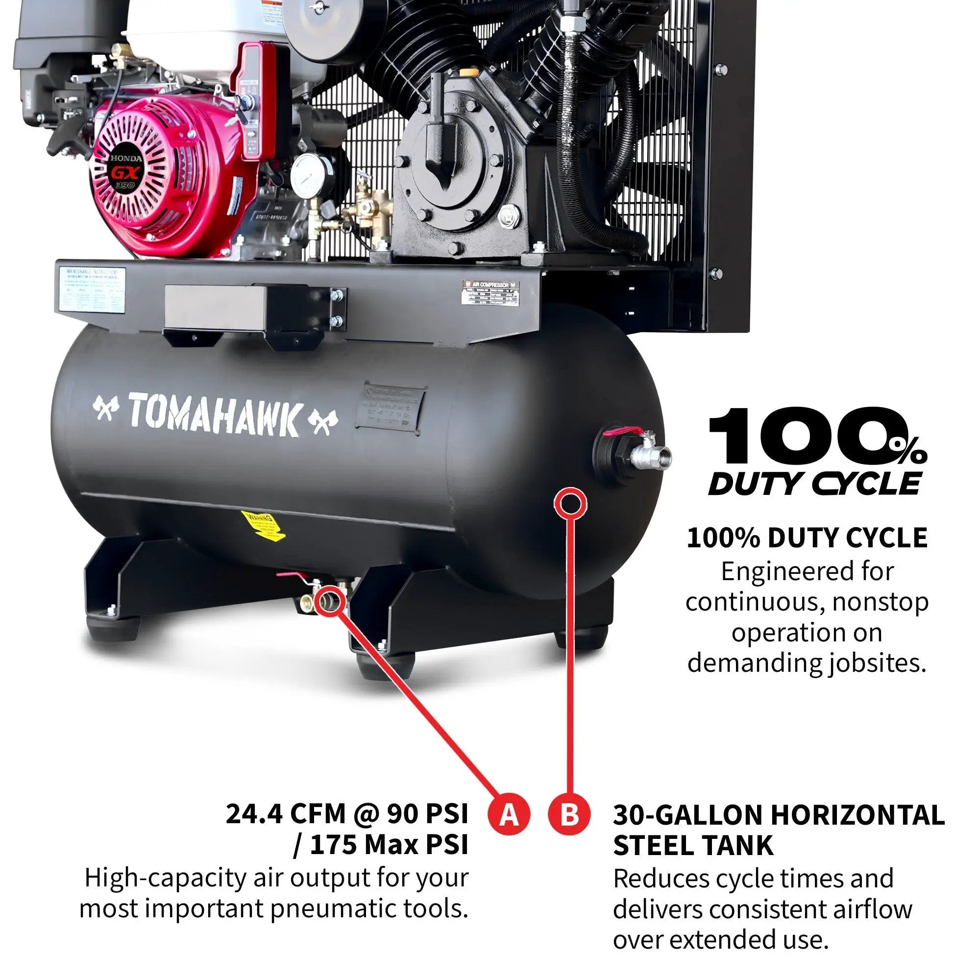 30 Gallon Air Compressor 13HP Honda GX390 Engine Horizontal Tank 24.4 CFM @ 90 PSI Gas-Powered by Tomahawk Power
