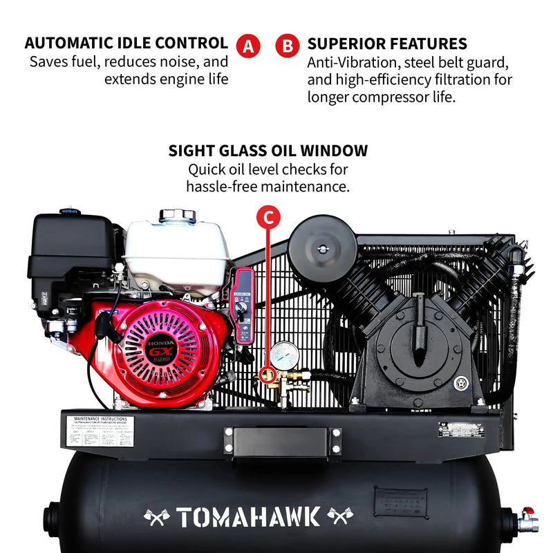 30 Gallon Air Compressor 13HP Honda GX390 Engine Horizontal Tank 24.4 CFM @ 90 PSI Gas-Powered by Tomahawk Power