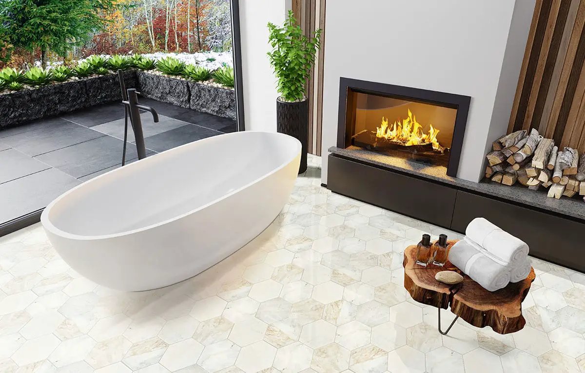Arabescato Venato 8" Hexagon Honed Marble Mosaics in a finished room