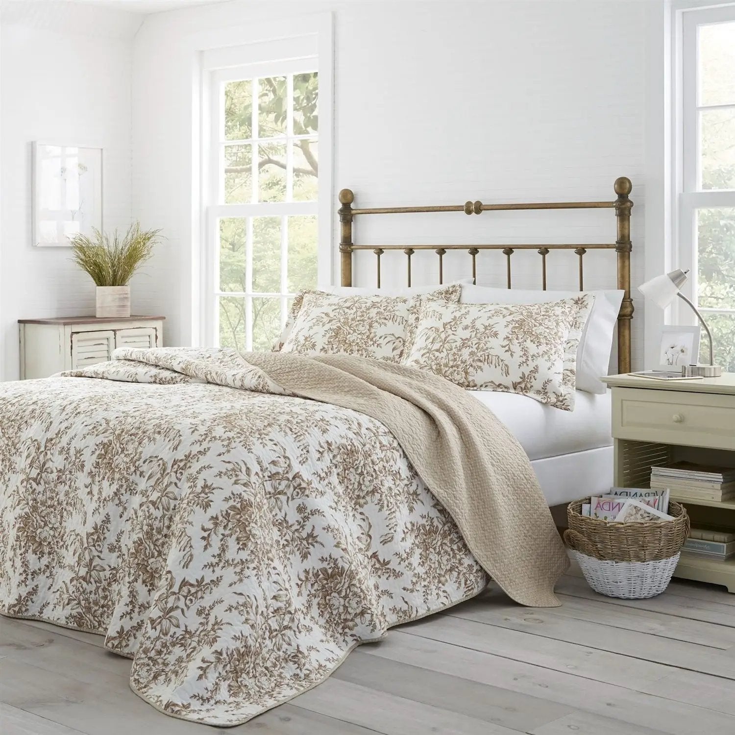 King size 3 Piece Bed-in-a-Bag Bohemian Tan Beige Floral Cotton Quilt Set by HomePacific