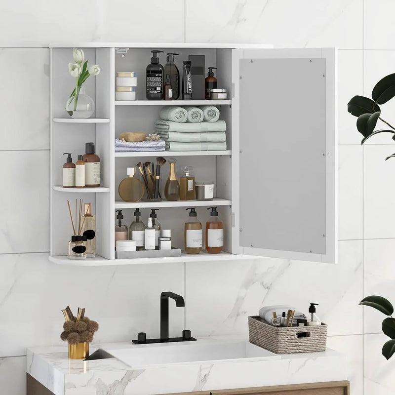 White 26 x 25 inch Bathroom Wall Mirror Medicine Cabinet with Shelves by HomePacific
