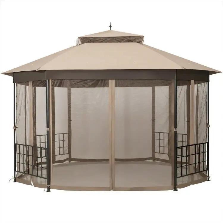 Outdoor 10 x 12 Ft Octagon Gazebo with Mosquito Net Sidewalls and Brown Canopy by HomePacific
