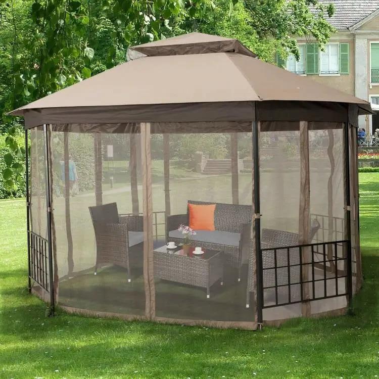 Outdoor 10 x 12 Ft Octagon Gazebo with Mosquito Net Sidewalls and Brown Canopy by HomePacific