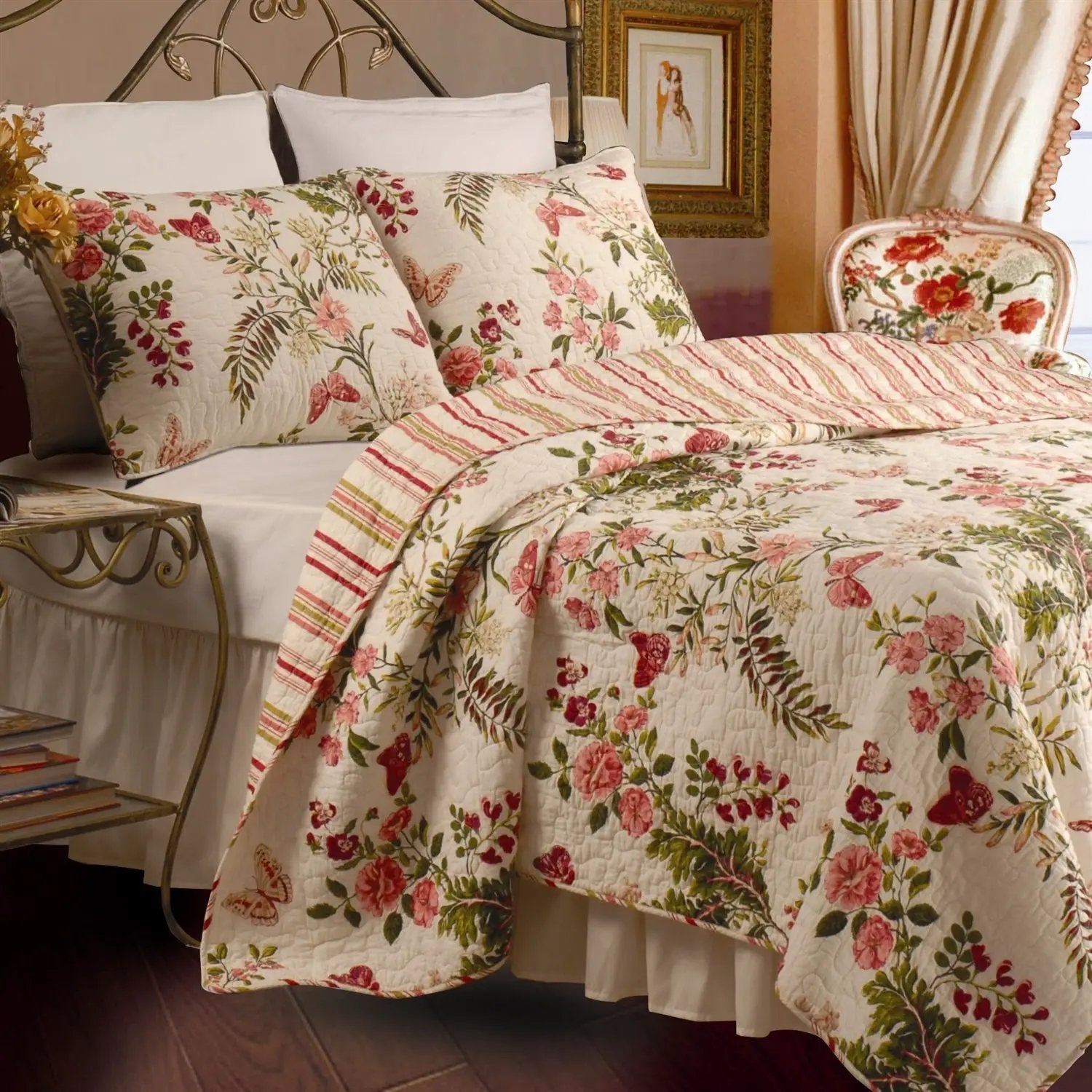 Twin size 100% Cotton Quilt Set with Sham in Pink Floral Butterfly by HomePacific