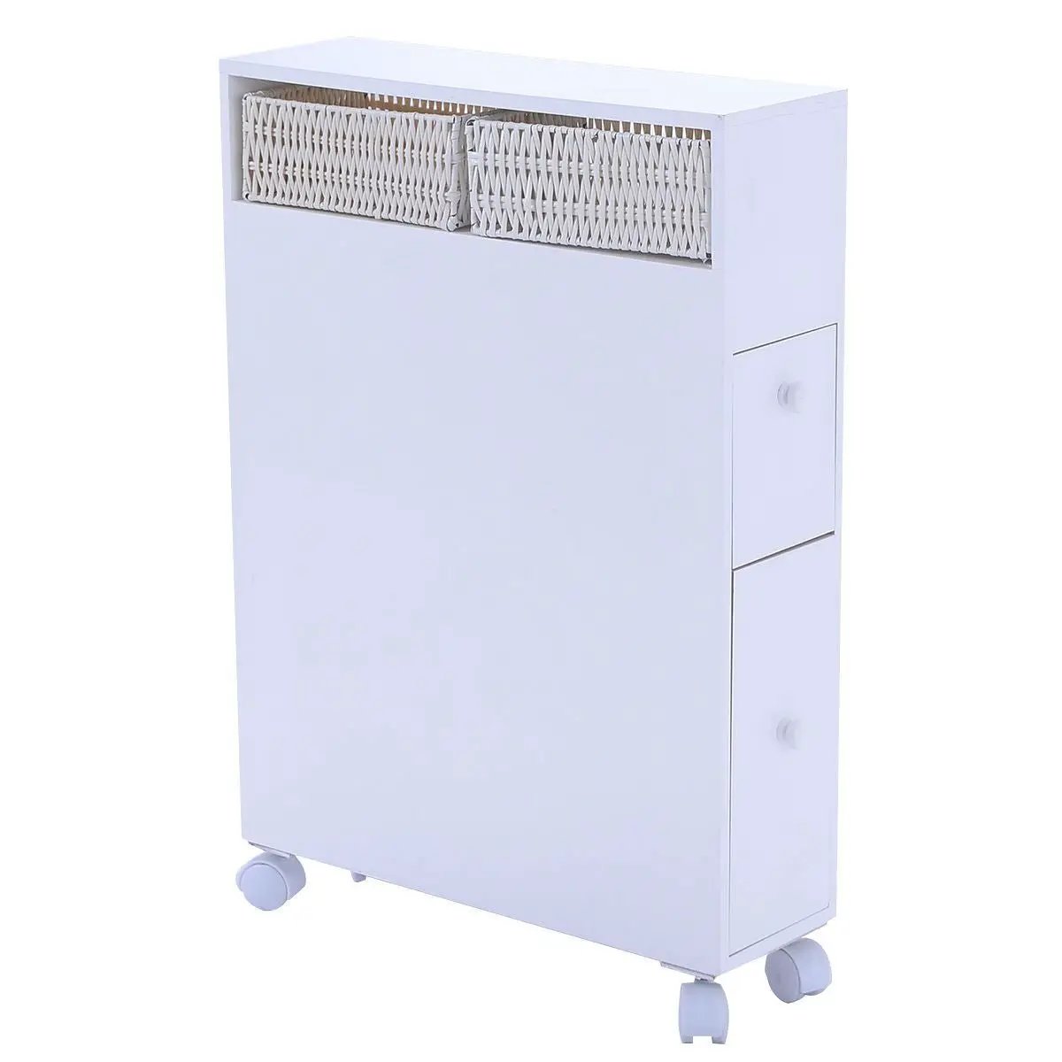 White Bathroom Storage Floor Cabinet with Baskets and Casters by HomePacific