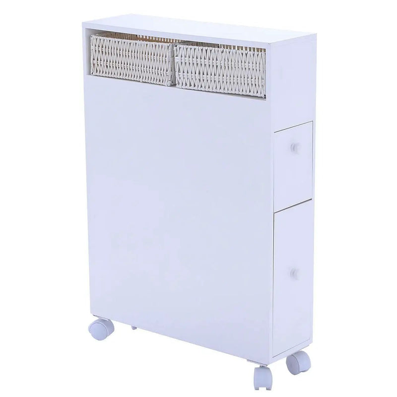White Bathroom Storage Floor Cabinet with Baskets and Casters by HomePacific