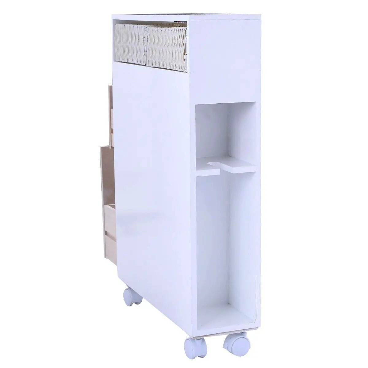 White Bathroom Storage Floor Cabinet with Baskets and Casters by HomePacific