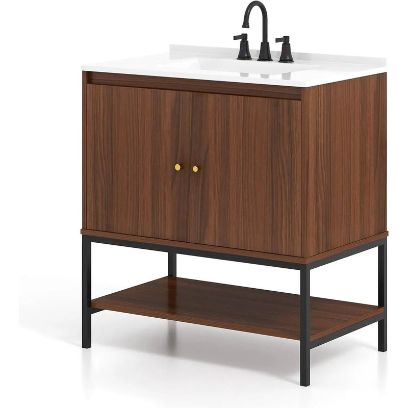 Modern Freestanding Bathroom Vanity in Walnut Wood Finish with Sink and Faucet by HomePacific