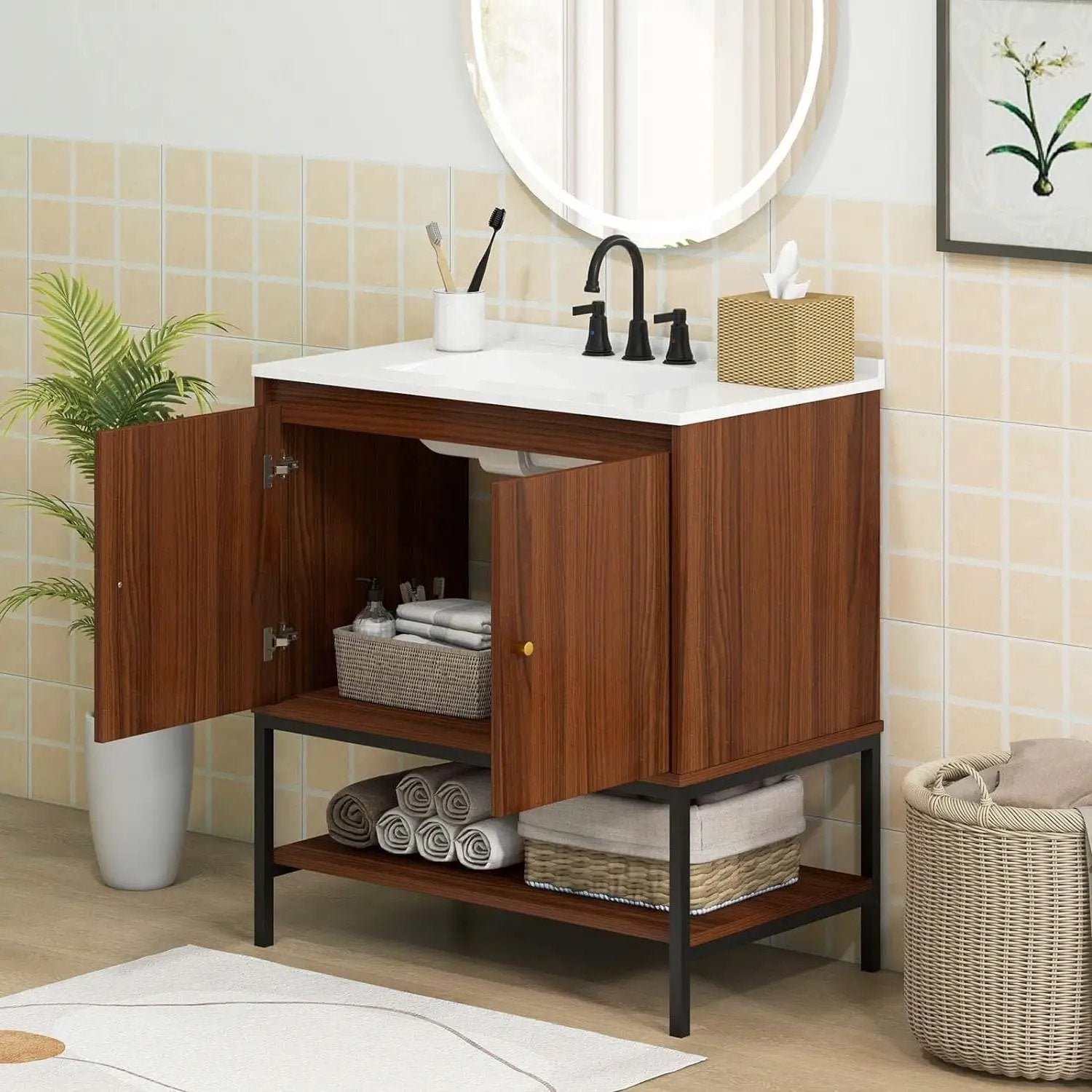 Modern Freestanding Bathroom Vanity in Walnut Wood Finish with Sink and Faucet by HomePacific