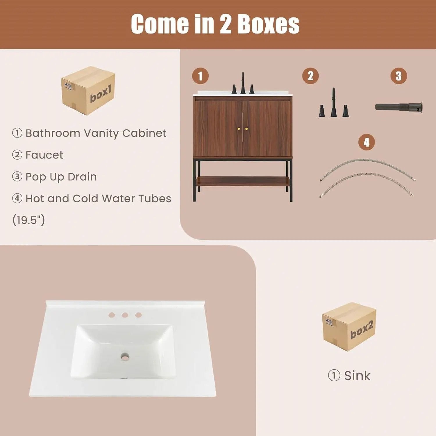 Modern Freestanding Bathroom Vanity in Walnut Wood Finish with Sink and Faucet by HomePacific