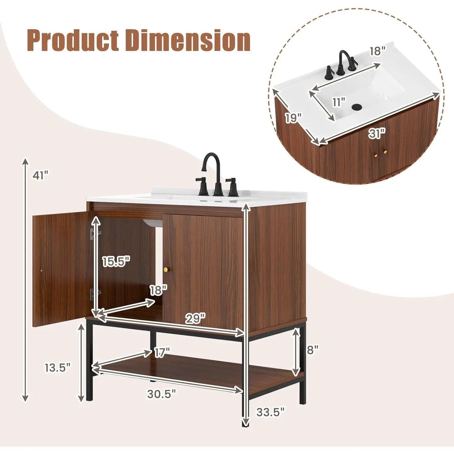 Modern Freestanding Bathroom Vanity in Walnut Wood Finish with Sink and Faucet by HomePacific