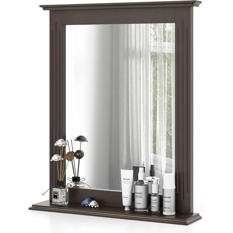 27-in x 22.5-in Bathroom Wall Mirror with Shelf in Dark Brown Wood Finish by HomePacific