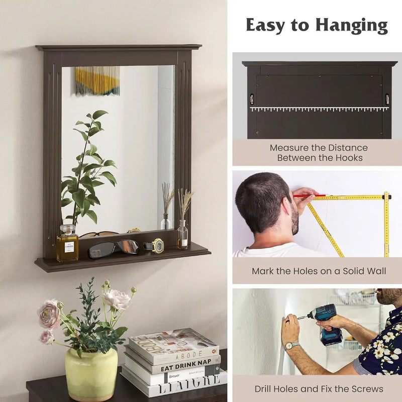 27-in x 22.5-in Bathroom Wall Mirror with Shelf in Dark Brown Wood Finish by HomePacific