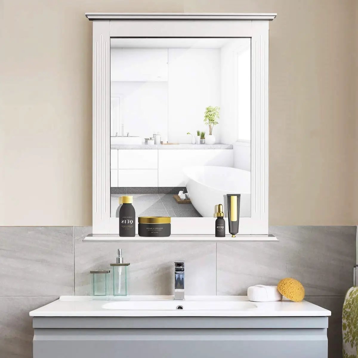 White Rectangle Bedroom Bathroom Vanity Wall Mirror with Bottom Shelf by HomePacific