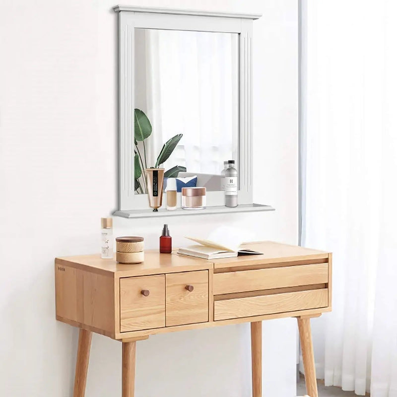 White Rectangle Bedroom Bathroom Vanity Wall Mirror with Bottom Shelf by HomePacific