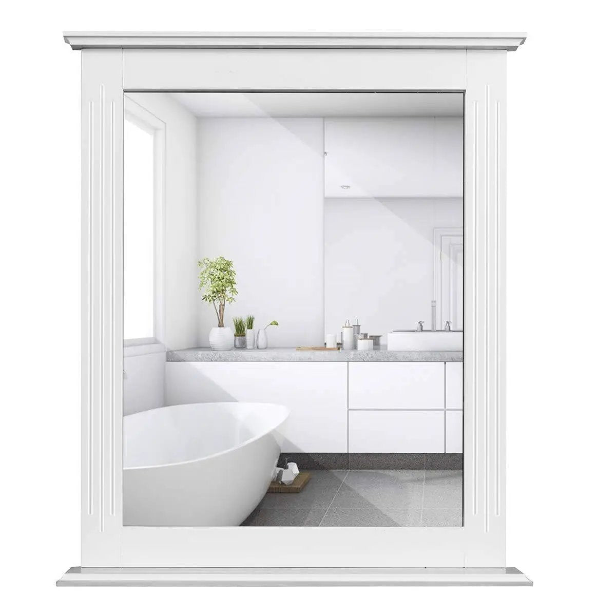 White Rectangle Bedroom Bathroom Vanity Wall Mirror with Bottom Shelf by HomePacific