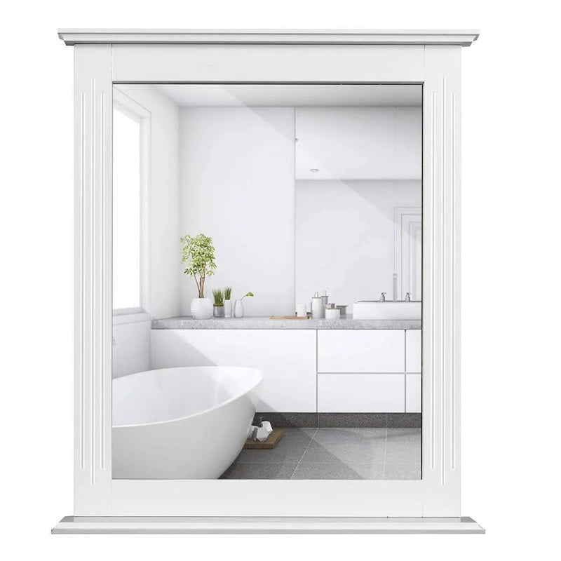 White Rectangle Bedroom Bathroom Vanity Wall Mirror with Bottom Shelf by HomePacific
