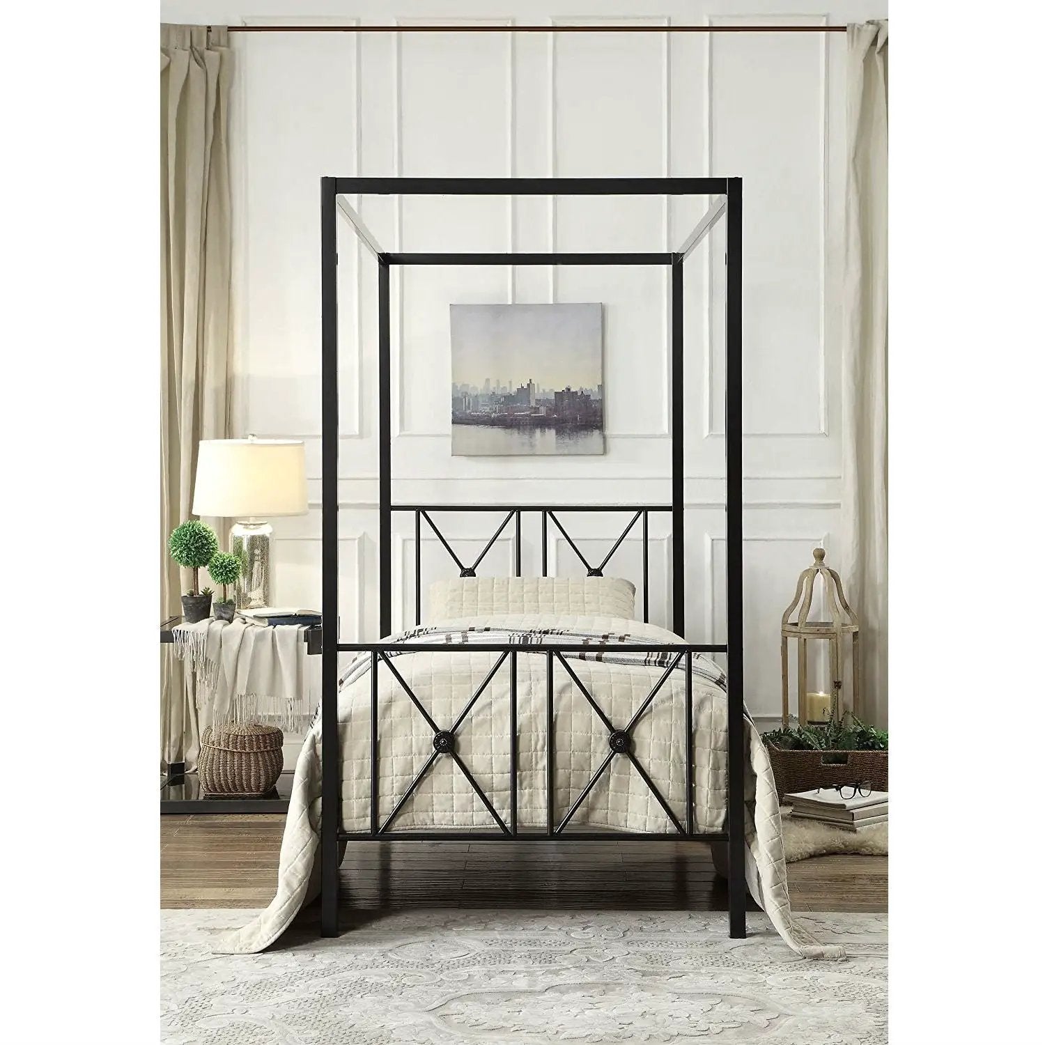 Twin size Black Metal Canopy Bed Frame with Medallion Accents by HomePacific