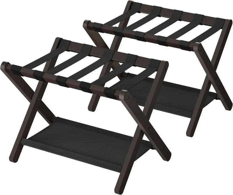 Set of 2 - Sturdy Bamboo Luggage Rack in Brown Wood Finish with Bottom Shelf by HomePacific