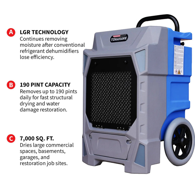 190 Pint Commercial Industrial Dehumidifier 7,000 ft² Rated LGR Integrated Pump Drain Hose by Tomahawk Power