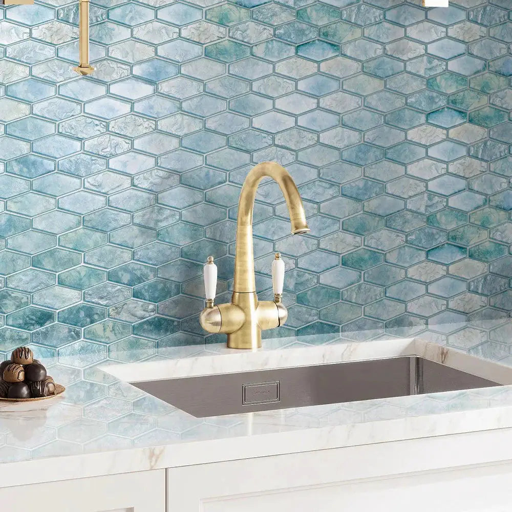 Aqua 11x12 Matte Elongated Hexagon Glass Mosaic Tile (10 pack, 8.6 sq ft/case) by Apollo Tile