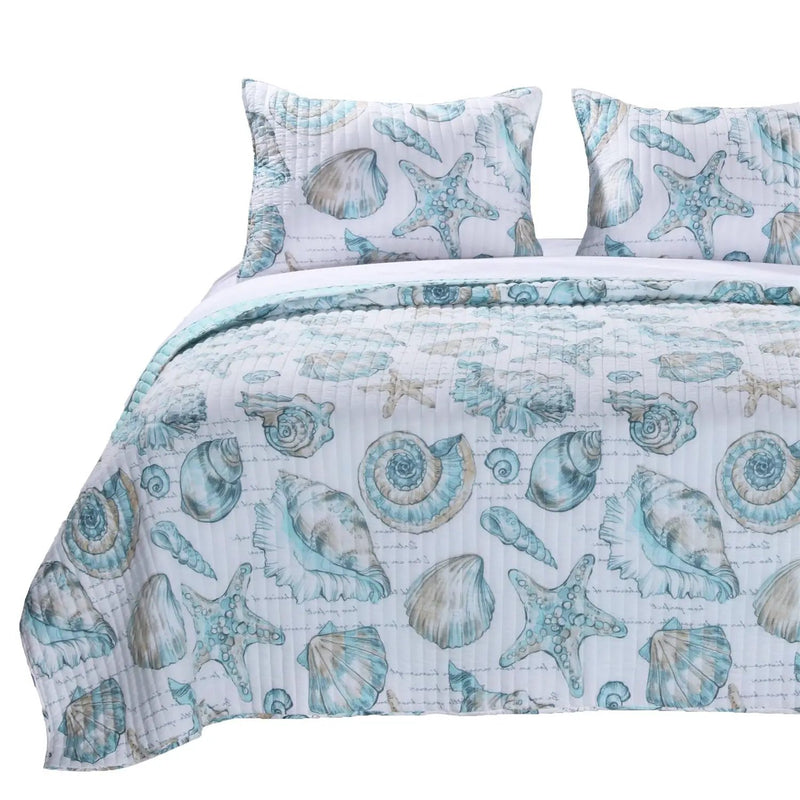 Twin Coastal Seashells White Teal 2 Piece Polyester Reversible Quilt Set by HomePacific