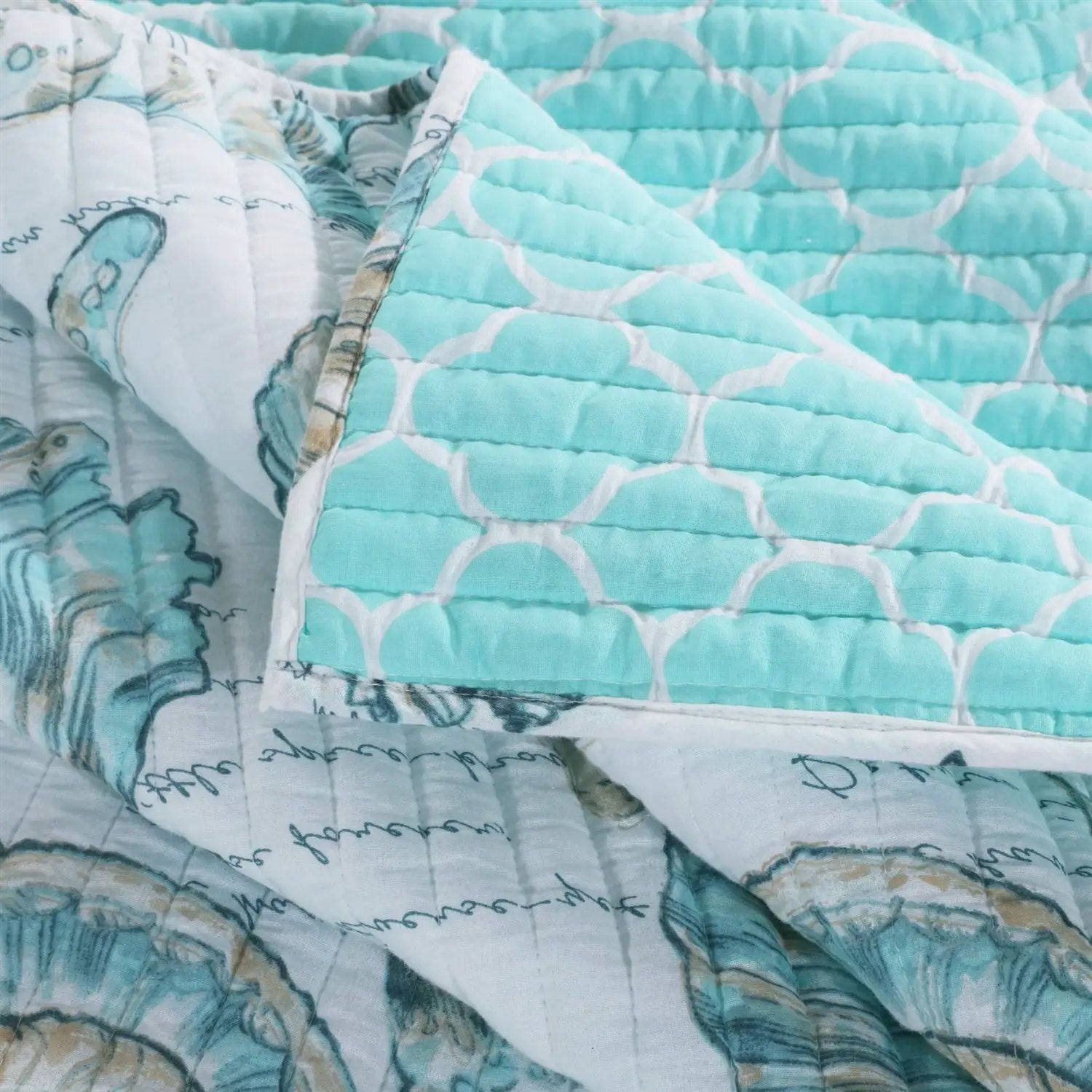 Twin Coastal Seashells White Teal 2 Piece Polyester Reversible Quilt Set by HomePacific