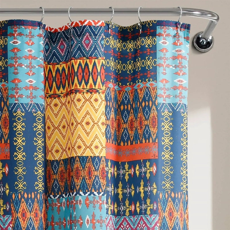 72-inch Navy Blue Orange Yellow Teal Boho Patchwork Polyester Shower Curtain by HomePacific