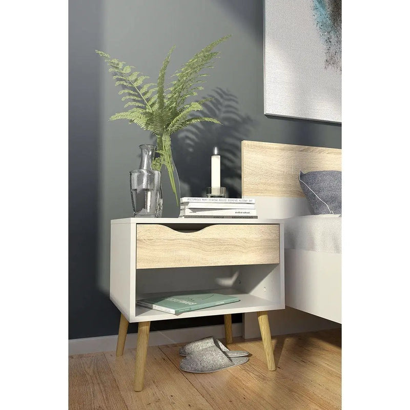 Modern Mid Century Style End Table Nightstand in White & Oak Finish by HomePacific