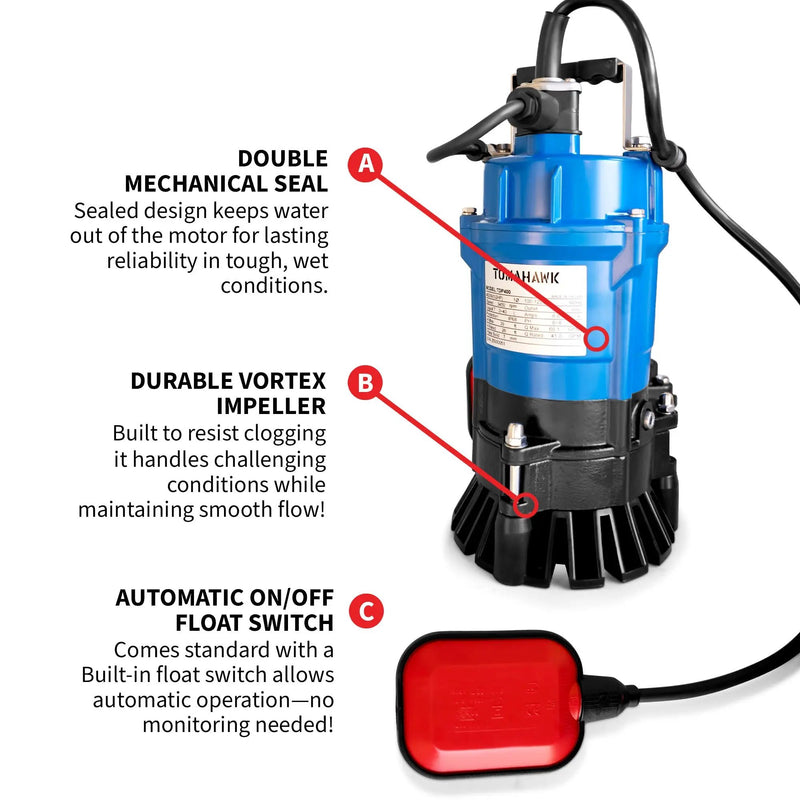 Tomahawk 1/2 HP Submersible Trash Pump, 66 GPM / 3960 GPH, 400W 2" Discharge for Dewatering Flooded Basements, Pools, Irrigation by Tomahawk Power