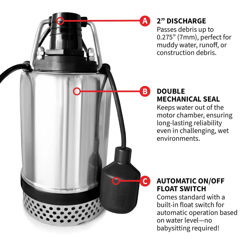 Tomahawk 1 HP Submersible Trash Pump, 73 GPM / 4380 GPH, 750W with Automatic Float Switch Top-Outlet for Flooded Basements, Pools, and Construction Sites by Tomahawk Power