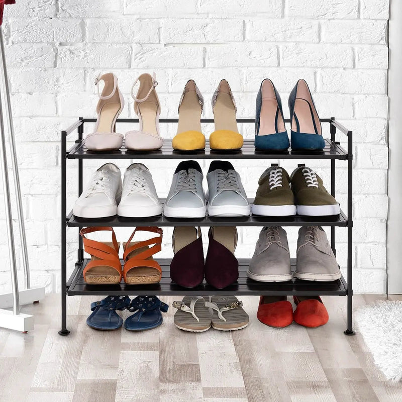 3-Tier Metal Espresso Brown Woodgrain Resin Foldable Stackable Shoe Rack by HomePacific