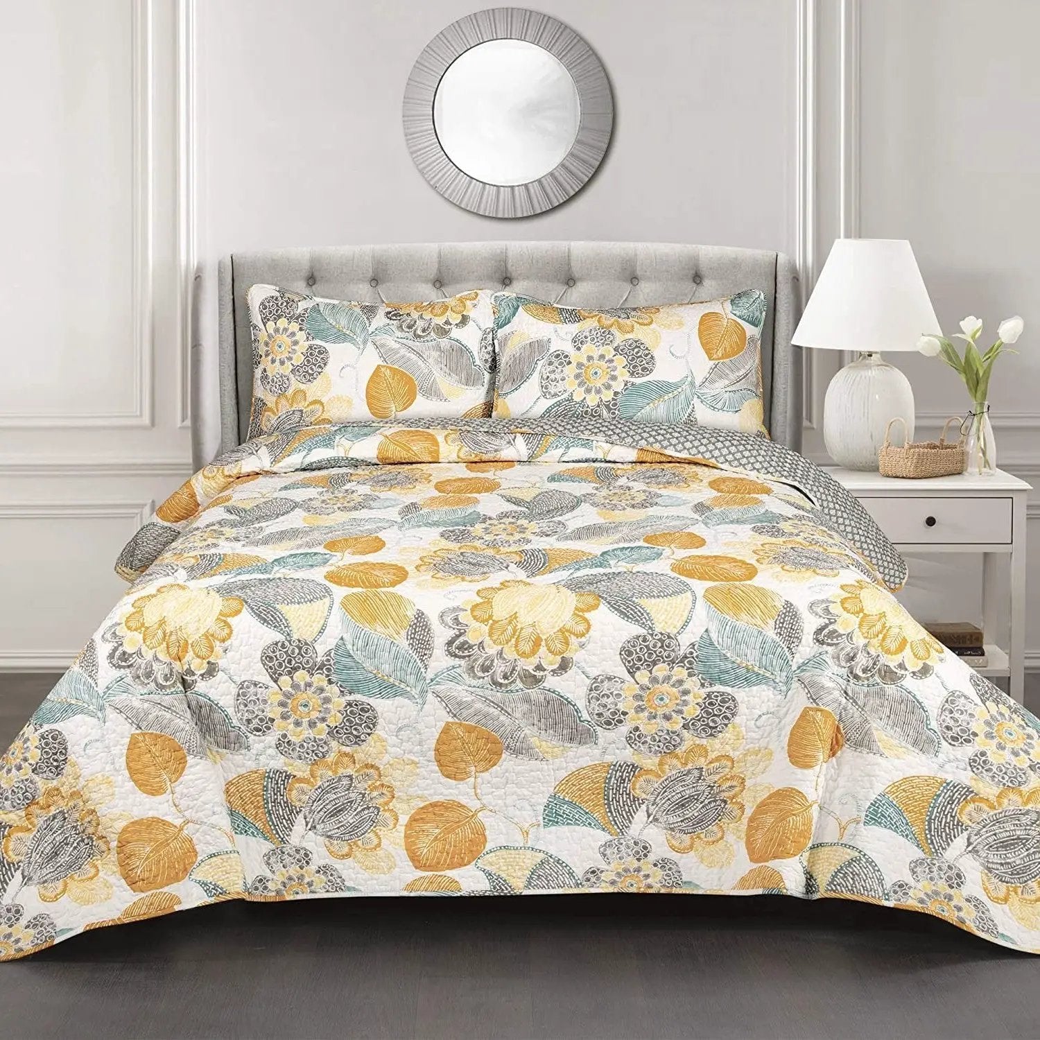 Full/Queen 3 Piece Reversible Yellow Grey Teal Floral Leaves Cotton Quilt Set by HomePacific