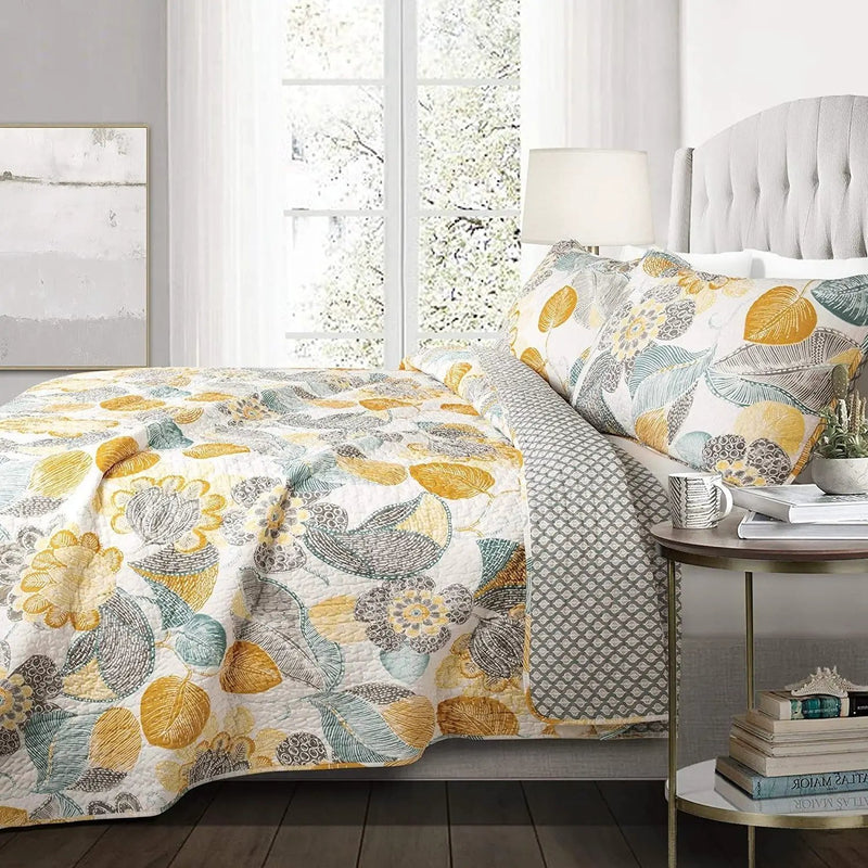 Full/Queen 3 Piece Reversible Yellow Grey Teal Floral Leaves Cotton Quilt Set by HomePacific