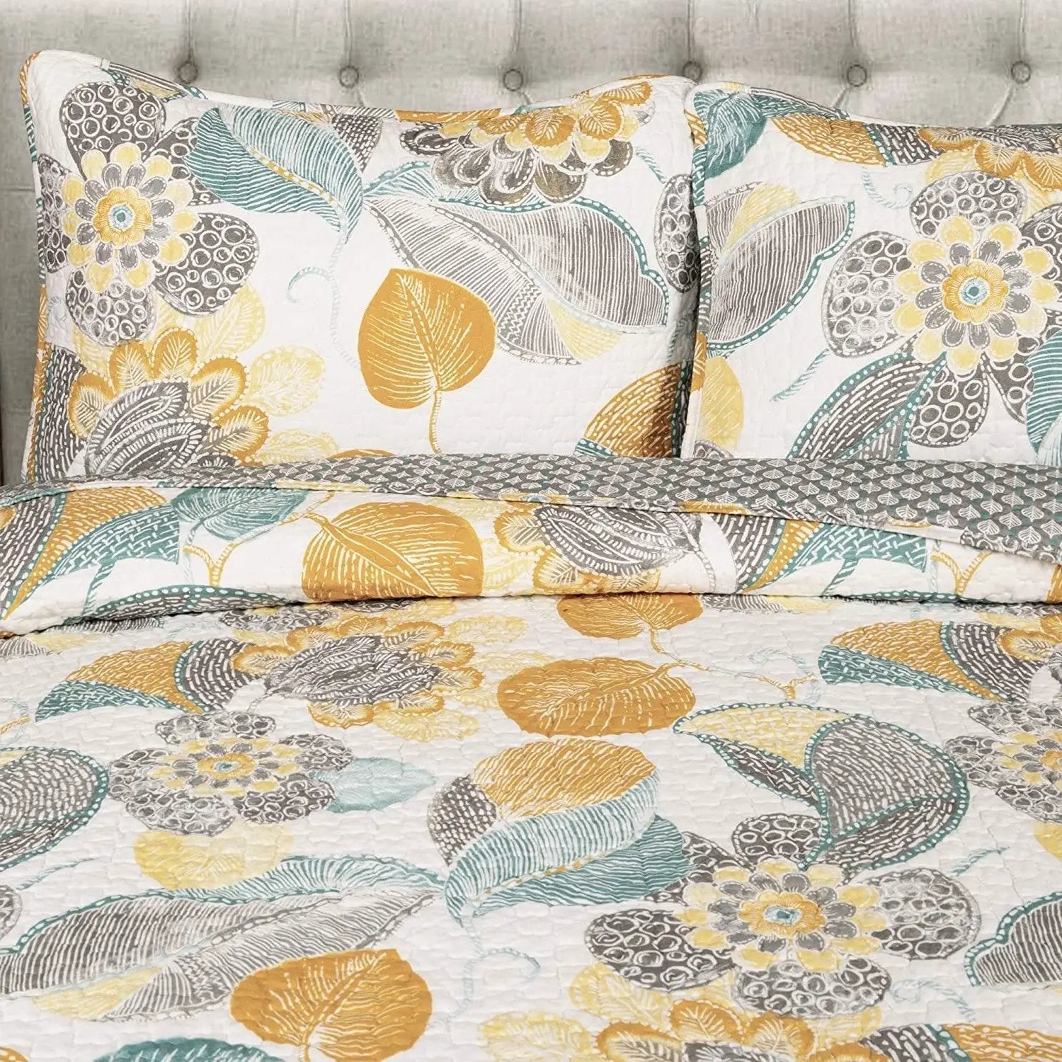 Full/Queen 3 Piece Reversible Yellow Grey Teal Floral Leaves Cotton Quilt Set by HomePacific